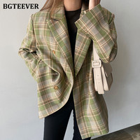 BGTEEVER Vintage luźne kobiety Plaid Blazer 2020 jesień Chic podwójne piersi kobiet kostium z długim rękawem kurtki stylowe panie Blazer